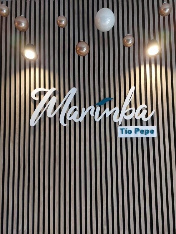 A wall with vertical wooden slats and hanging spherical light fixtures. -  HOTEL TIO PEPE  (Peníscola)