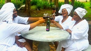 Four people toasting with wine glasses around a stone table in a garden setting. - Bikos Villa (Magaliesberg)