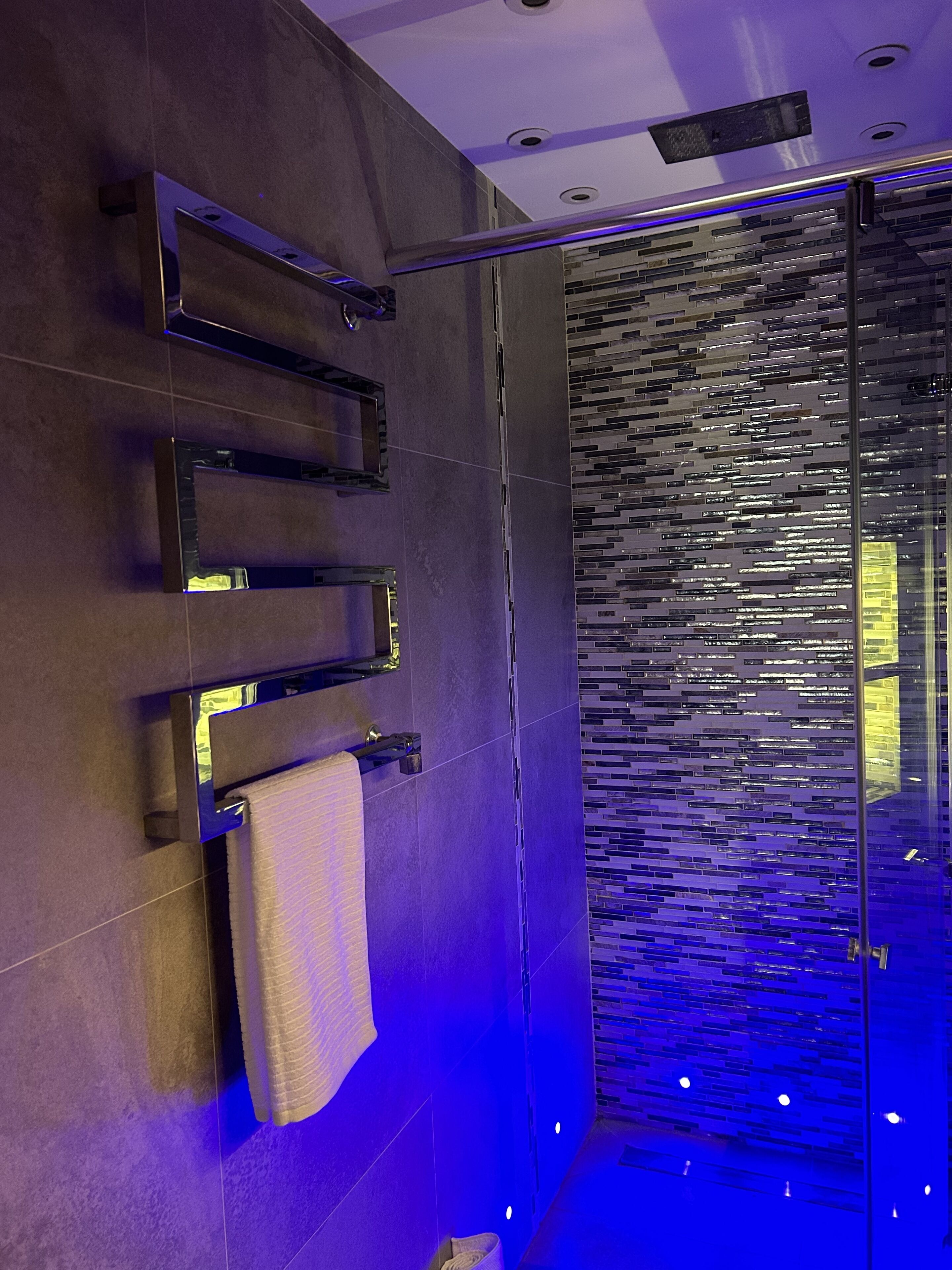 Une salle de bain moderne avec une paroi en verre, un porte-serviettes et un miroir fixé au mur.