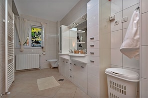 Shower, hair dryer, towels
