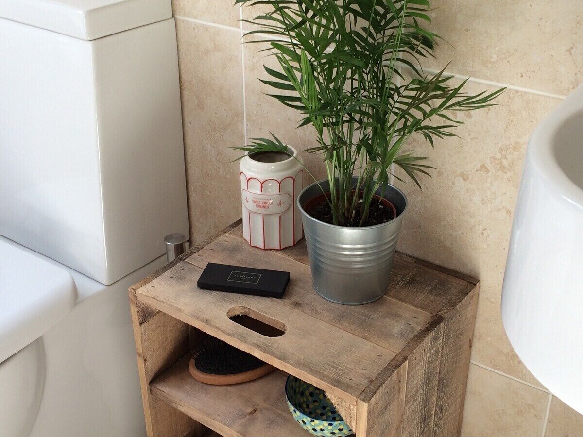 Uma mesa de cabeceira de madeira com uma planta em vaso, um recipiente decorativo e um controle remoto.