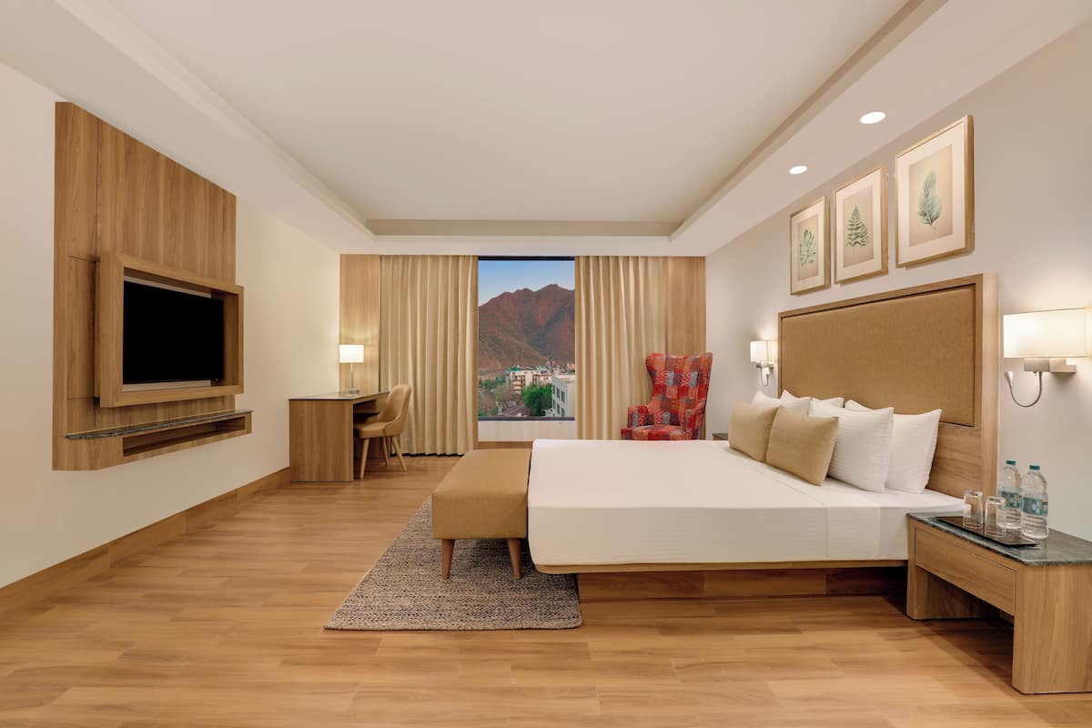 A hotel room with a large bed, a desk, a TV mounted on the wall, and a view of mountains through the window.