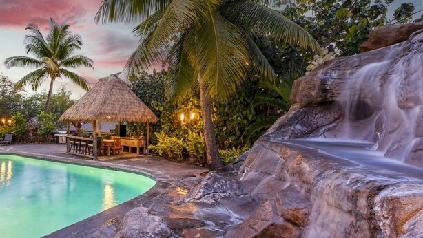 A pool with a waterfall, a thatched-roof structure, and lush tropical vegetation. - Big Island Aloha Pearl House 4 Bedroom Home (Kailua-Kona)