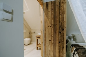 Shower, hydromassage showerhead, hair dryer, heated floors