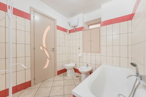 Secador de cabelo, bidê, toalhas de banho