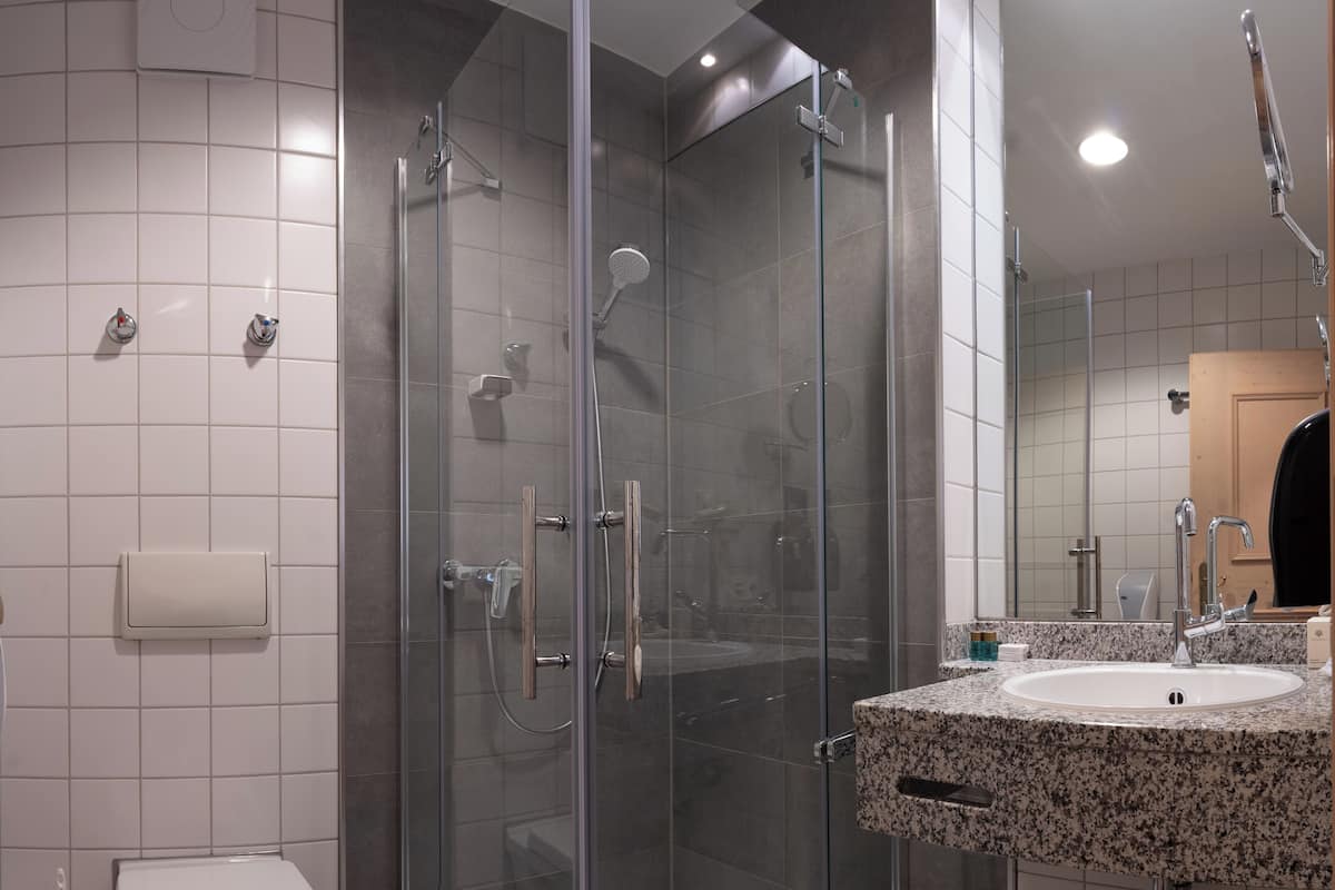 A modern bathroom with a glass-enclosed shower, a white toilet, and a granite countertop sink.