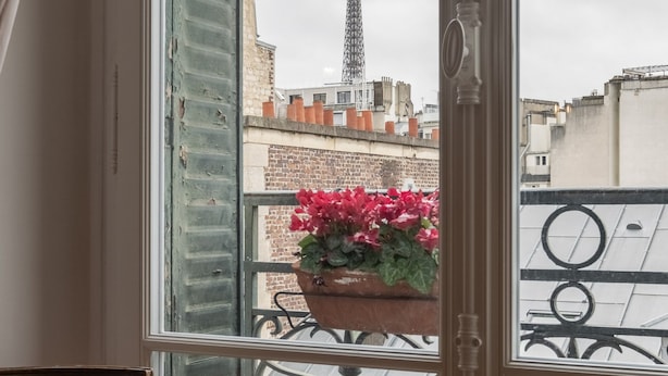 A window with a view of the Eiffel Tower, a balcony with a potted plant, and a wrought iron railing.