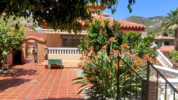 Un patio con suelo de baldosas, un banco y plantas en macetas con flores anaranjadas.