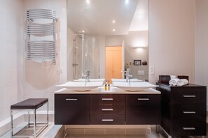 Shower, hair dryer, towels