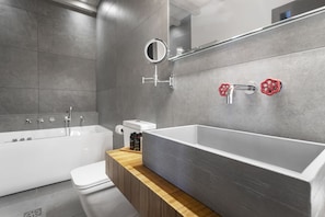 Ducha, bañera de hidromasaje, secador de pelo, toallas