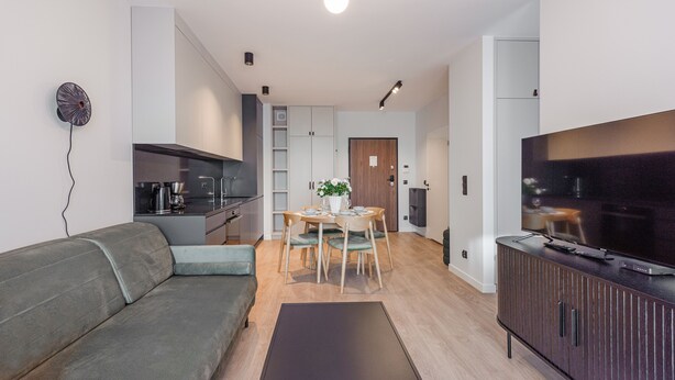 Un salon moderne comprenant un canapé, une table à manger, des chaises, un téléviseur et un coin cuisine avec des placards et des appareils électroménagers.
