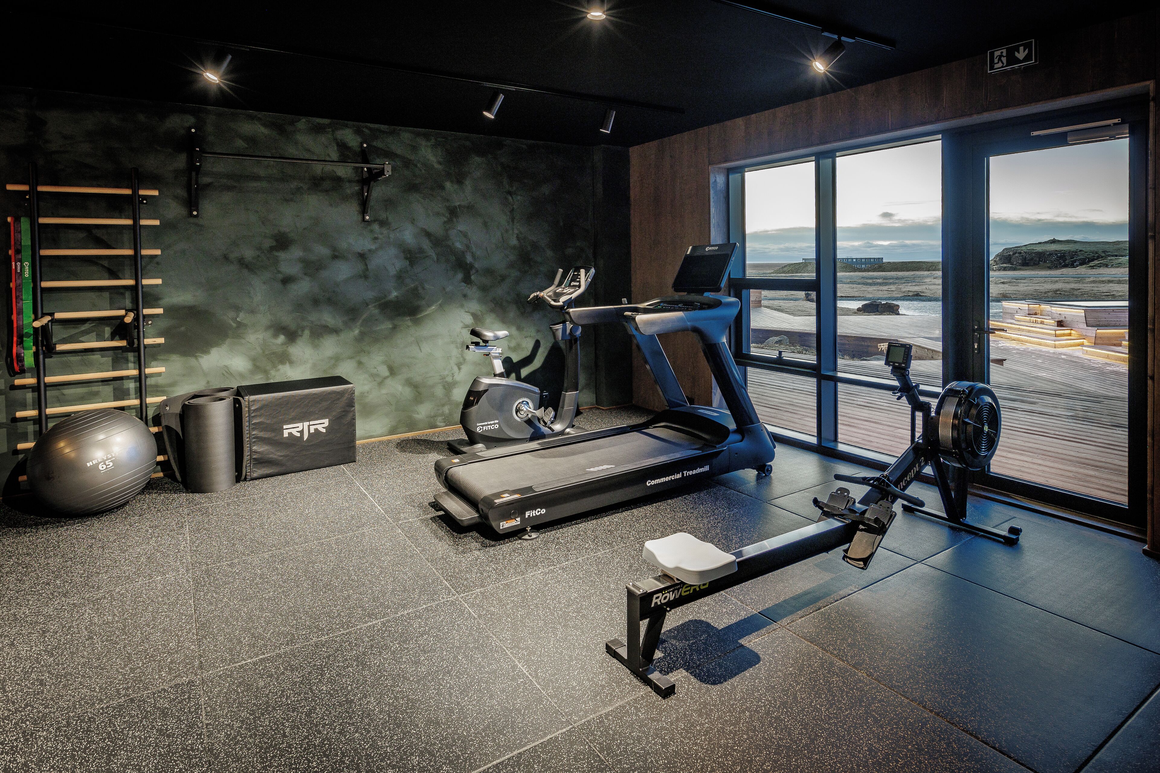 A gym with a rowing machine, a treadmill, and a stationary bike.