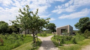 A gravel path leading to a modern building with a glass entrance, surrounded by greenery and trees.