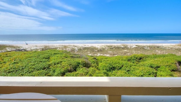 Blick auf einen Strand mit einer Holzterrasse und grüner Vegetation im Vordergrund.