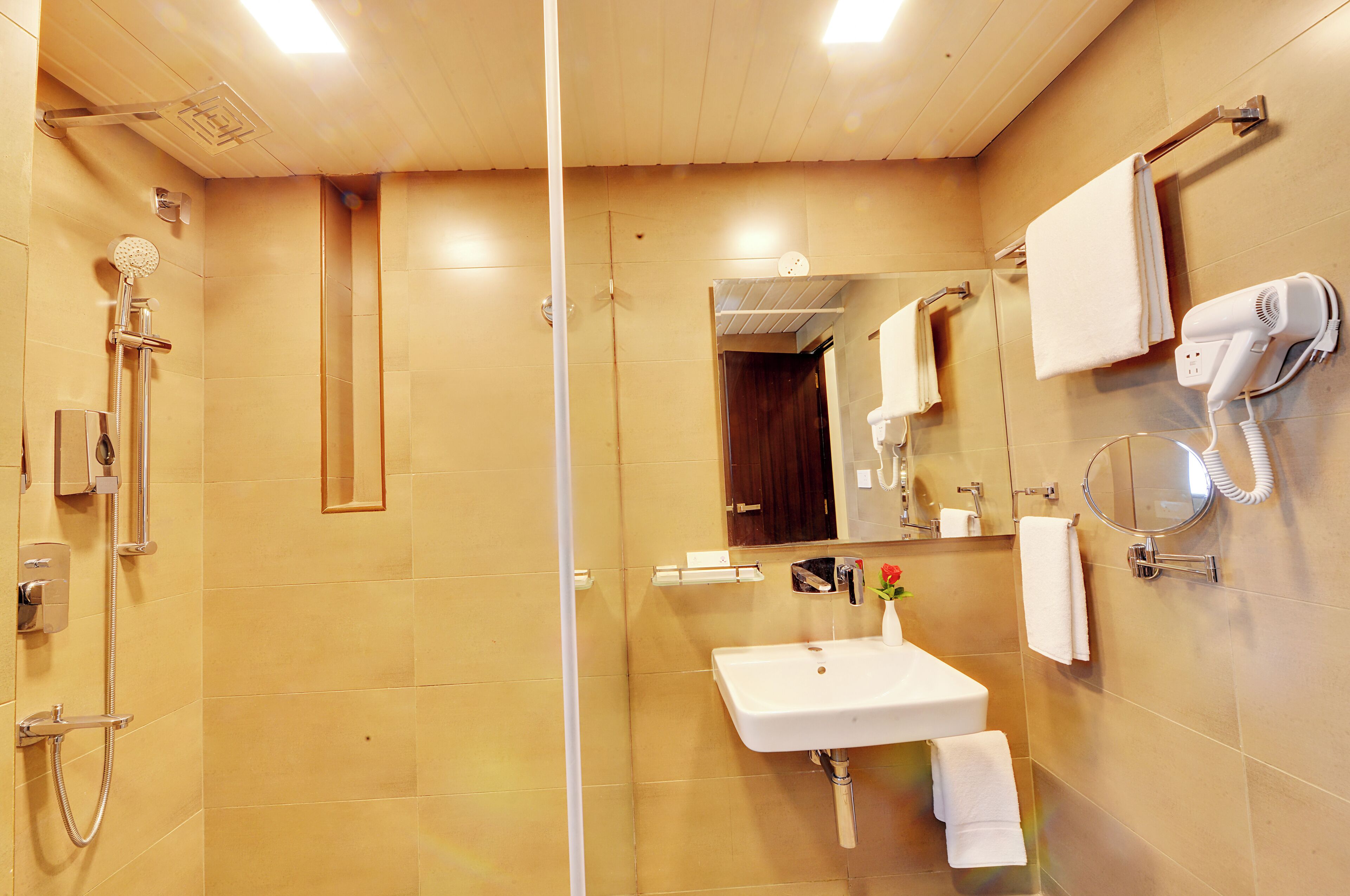 Un baño con ducha, lavabo y espejo.