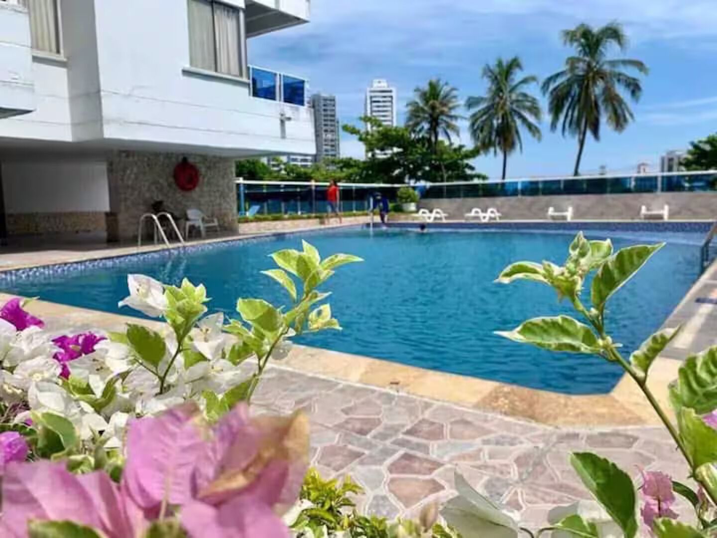 Una piscina con solárium de piedra, rodeada de plantas tropicales y palmeras.