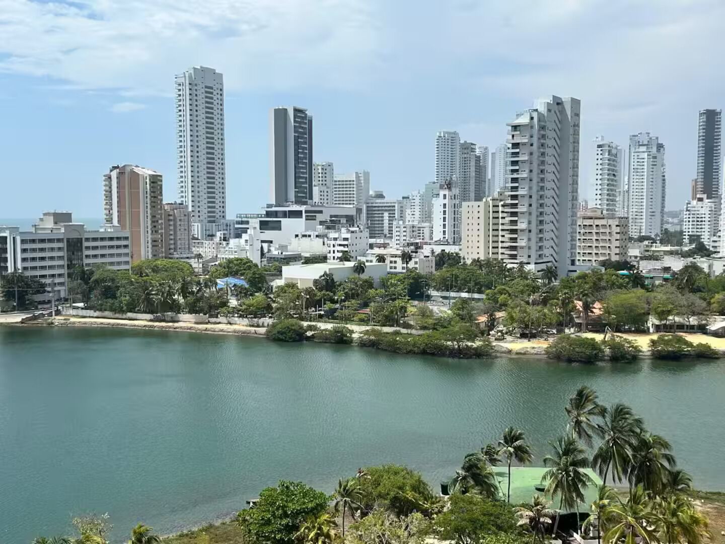 A cityscape with high-rise buildings, a body of water, and greenery.