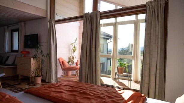 A bedroom with a large bed, a desk, a chair, and a balcony with potted plants.