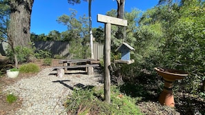 A wooden signpost with a birdhouse and a bird feeder in a garden setting.