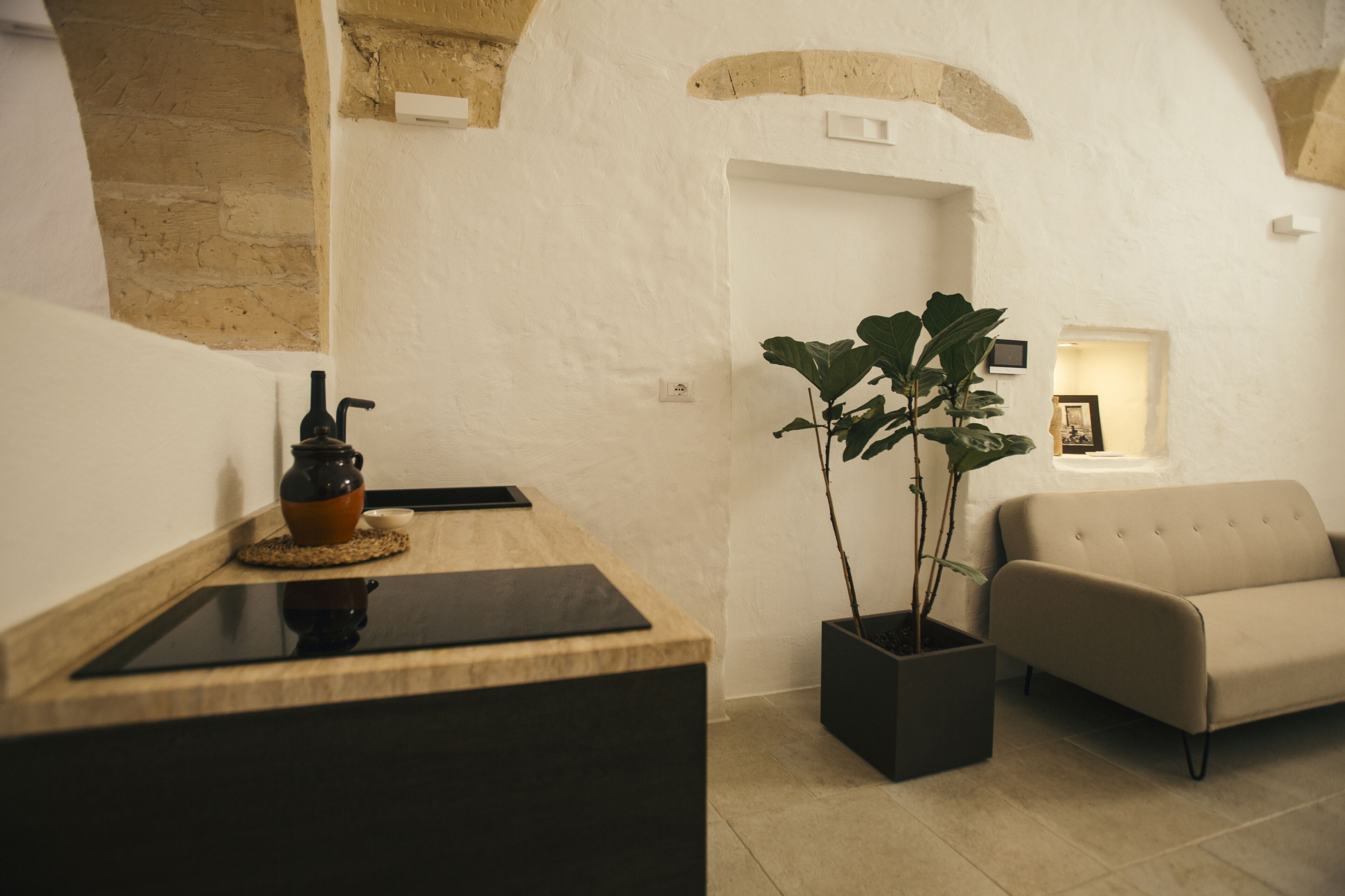 A modern interior with a wooden counter, a potted plant, a sofa, and a wall-mounted picture frame.