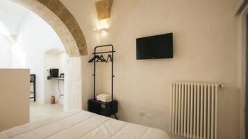 A bedroom with a bed, a radiator, a TV, and a clothing rack.