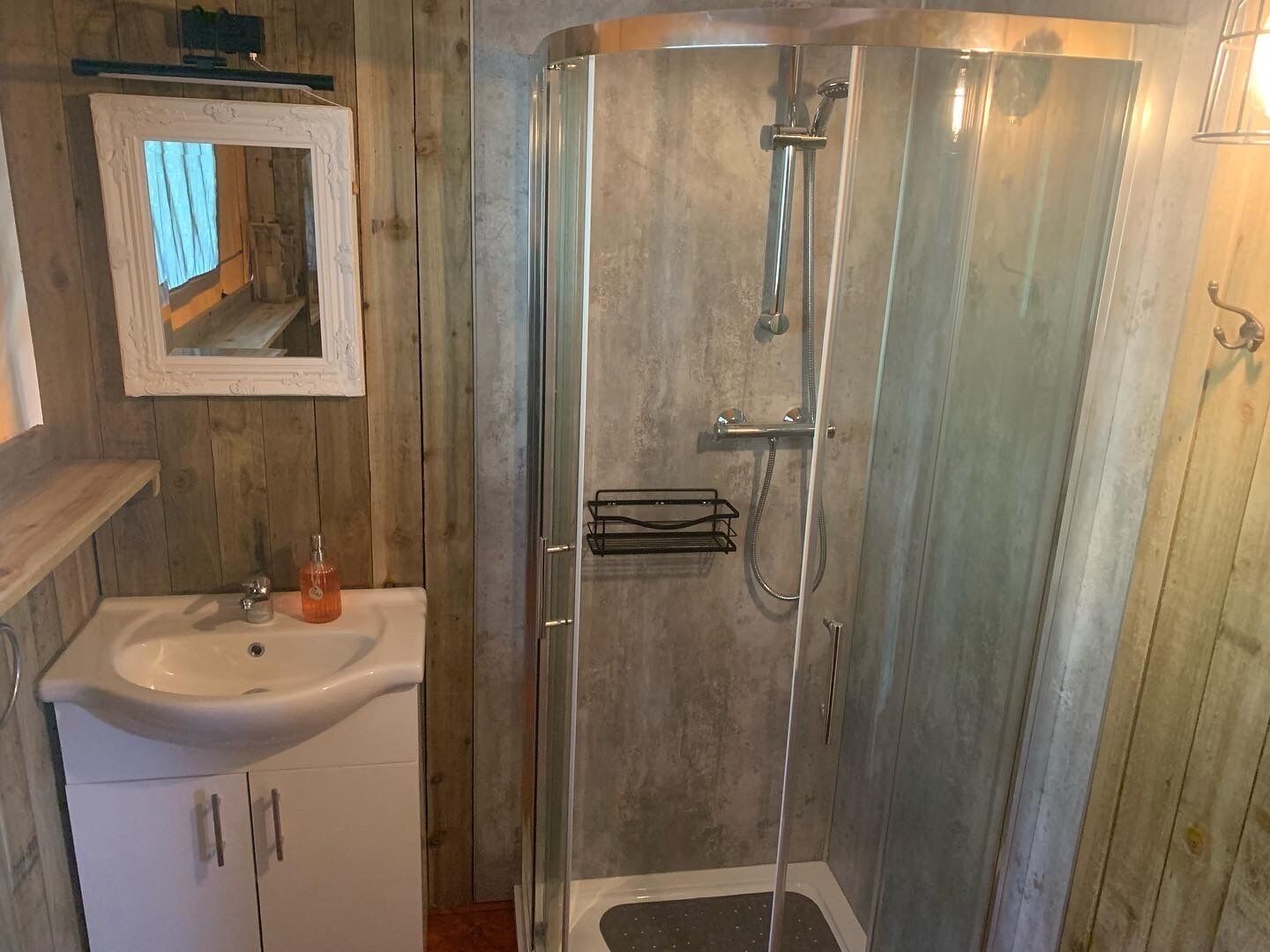 Een badkamer met een douchecabine, een wastafel en een spiegel.