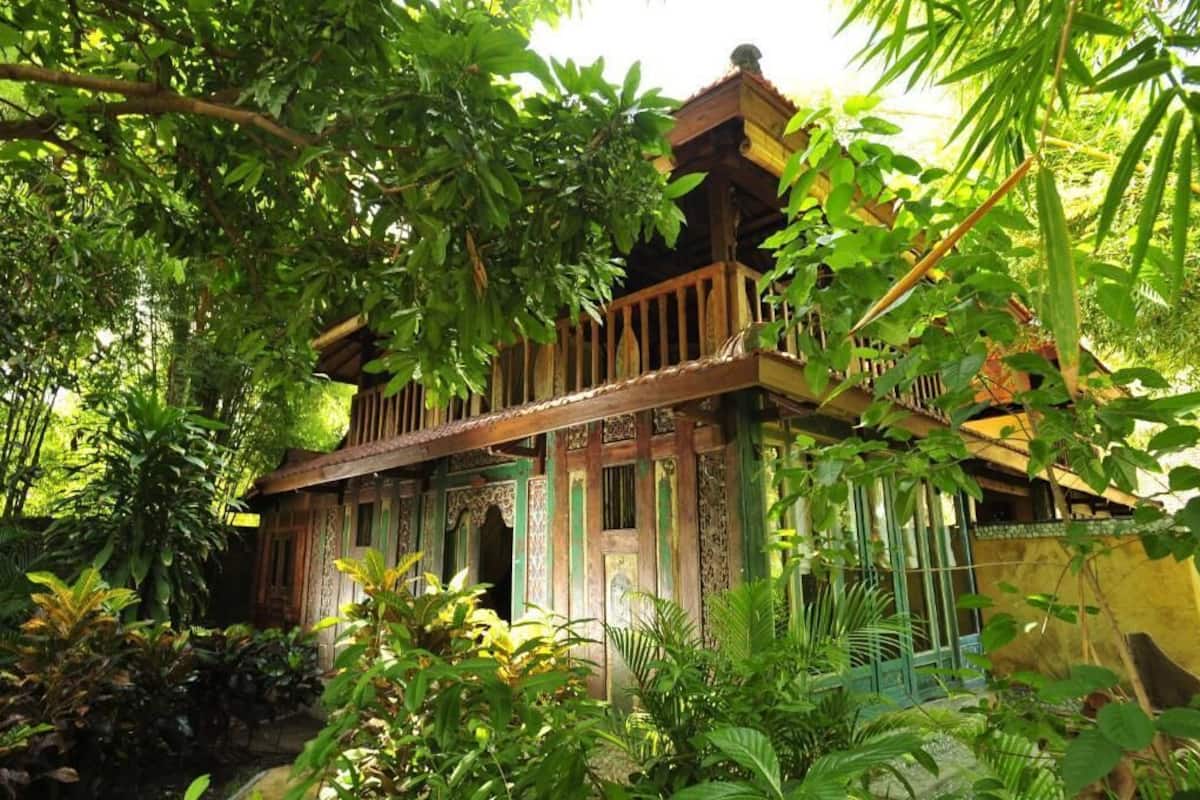 A traditional wooden house surrounded by lush greenery.