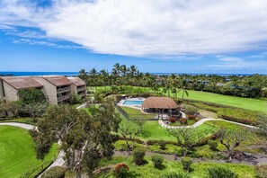 A resort with a pool, a thatched-roof structure, and a view of the ocean.