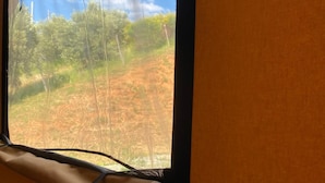 Una ventana con vistas a un paisaje natural, piso de madera y pared amarilla.