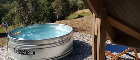 Seasonal outdoor pool, pool umbrellas, pool loungers