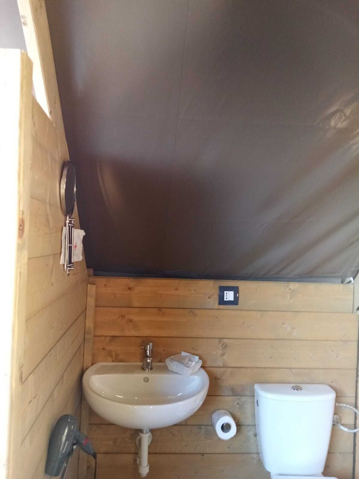 A compact bathroom with a sink, toilet, and a mirror.