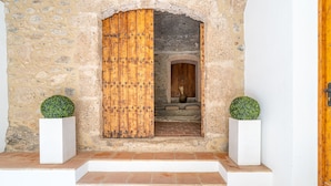A stone doorway with a wooden door, flanked by white planters with spherical topiary.