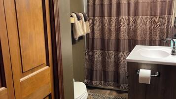 Hair dryer, towels, soap, shampoo