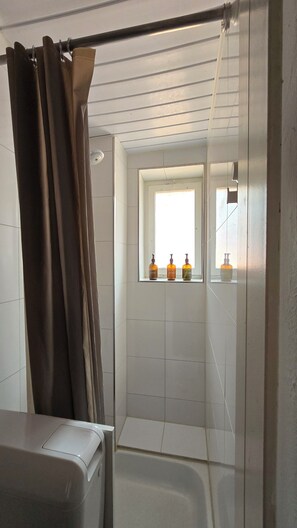 Douche, articles de toilette (gratuits), séchoir à cheveux