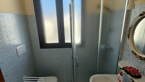 Een douche, een bidet, handdoeken
