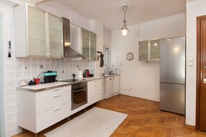 Apartment | Private kitchen | Full-size fridge, oven, toaster, cookware/dishes/utensils - Modern 2 Bd Kipseli Hideaway Patio Apt (Athens)