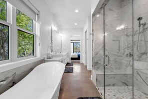 Chuveiro, secador de cabelo, toalhas de banho, shampoo