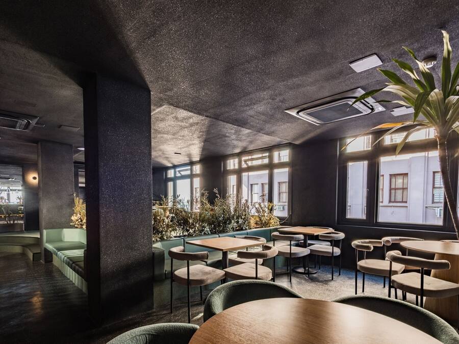 Um interior moderno com área de estar com mesas e cadeiras redondas, uma grande planta em vaso e vista do exterior através de amplas janelas.