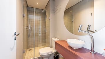 Cabezal de ducha tipo lluvia, secador de pelo, toallas, jabón