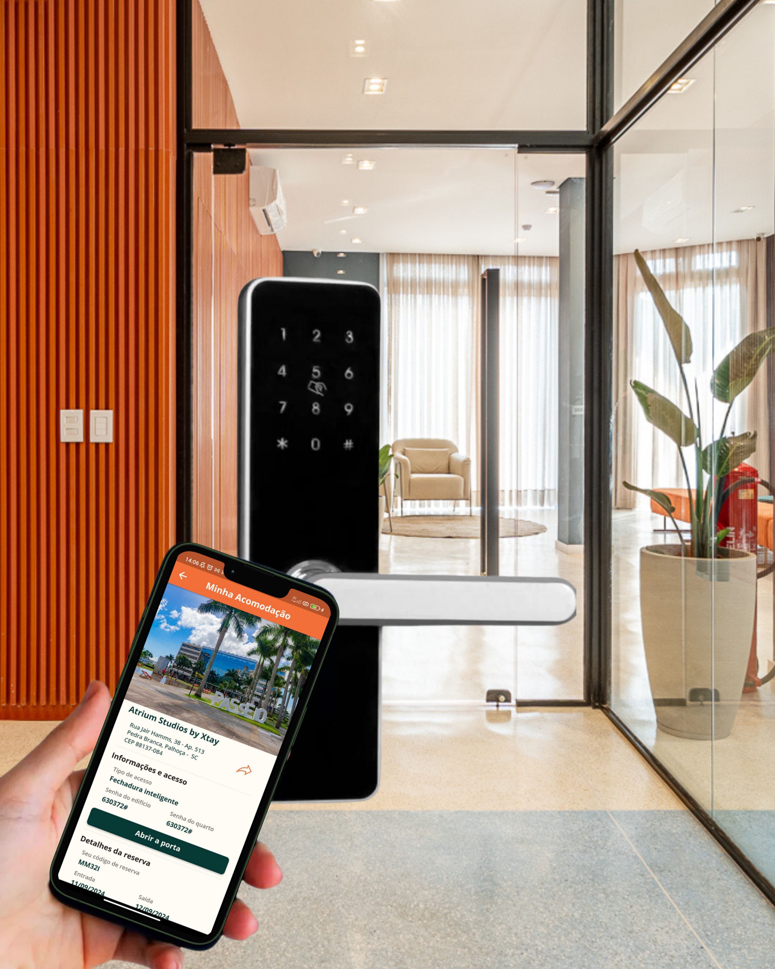 A smartphone displaying a hotel booking interface with a view of a modern lobby, including a reception desk, a chair, and a potted plant.