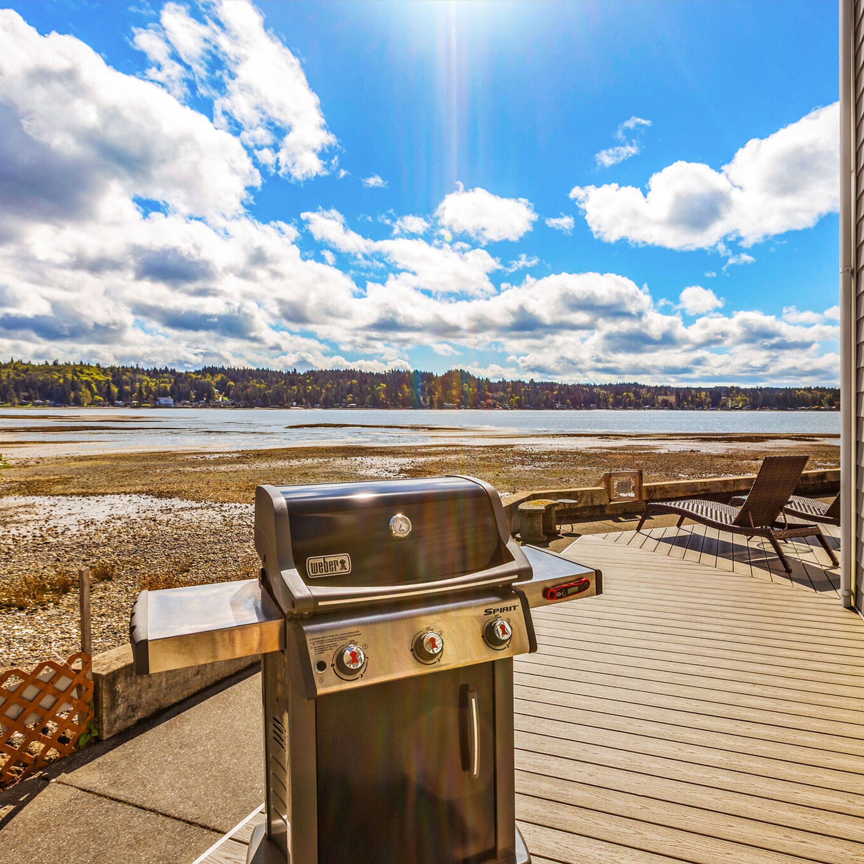 Un barbecue Weber Spirit sur une terrasse en bois, avec vue sur un lac et une forêt.