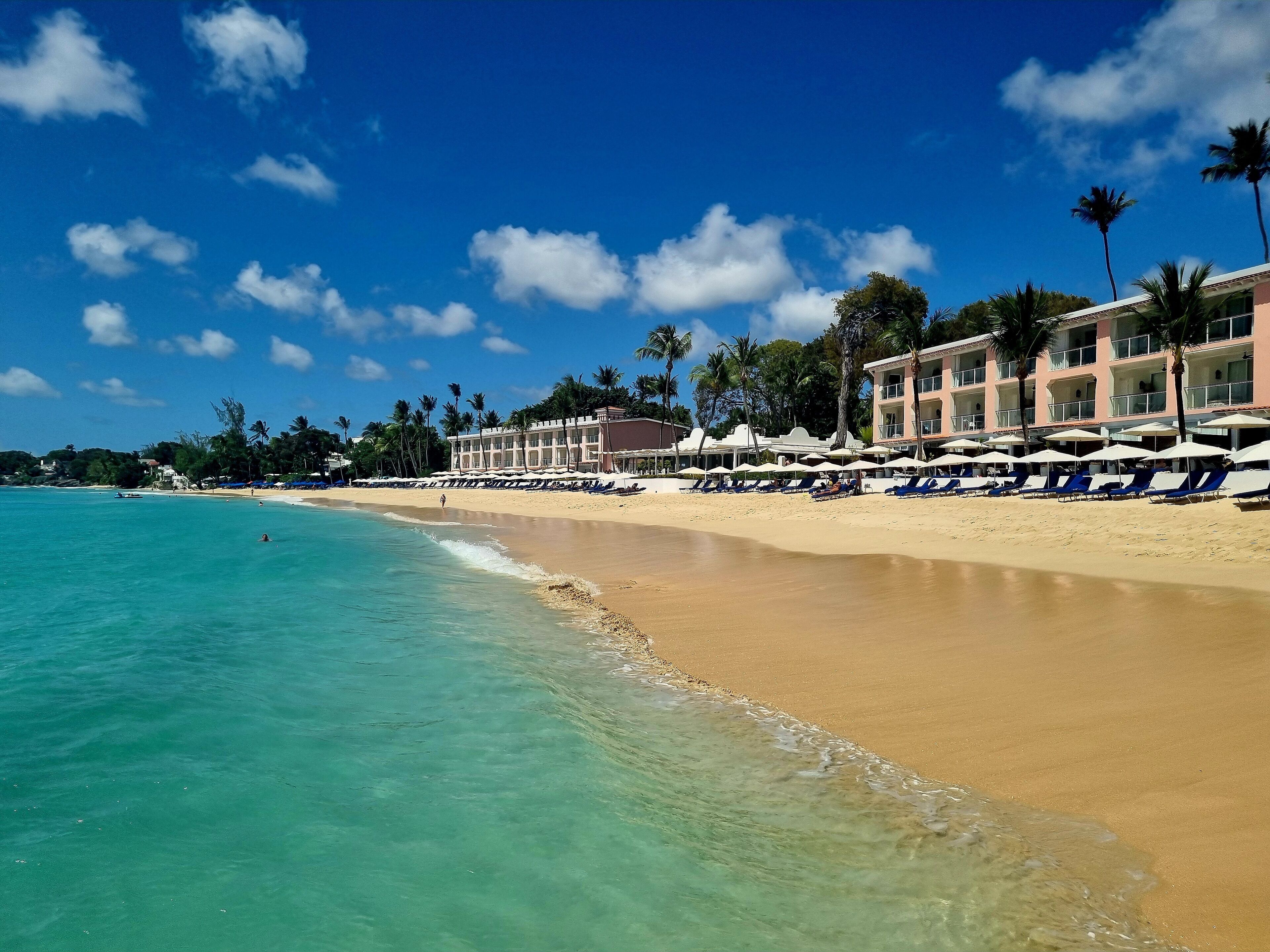 A beach resort with a row of sun loungers and umbrellas, a clear blue sky, and a calm sea.
