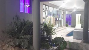 An outdoor area with a pool, palm trees, and a purple-lit window.