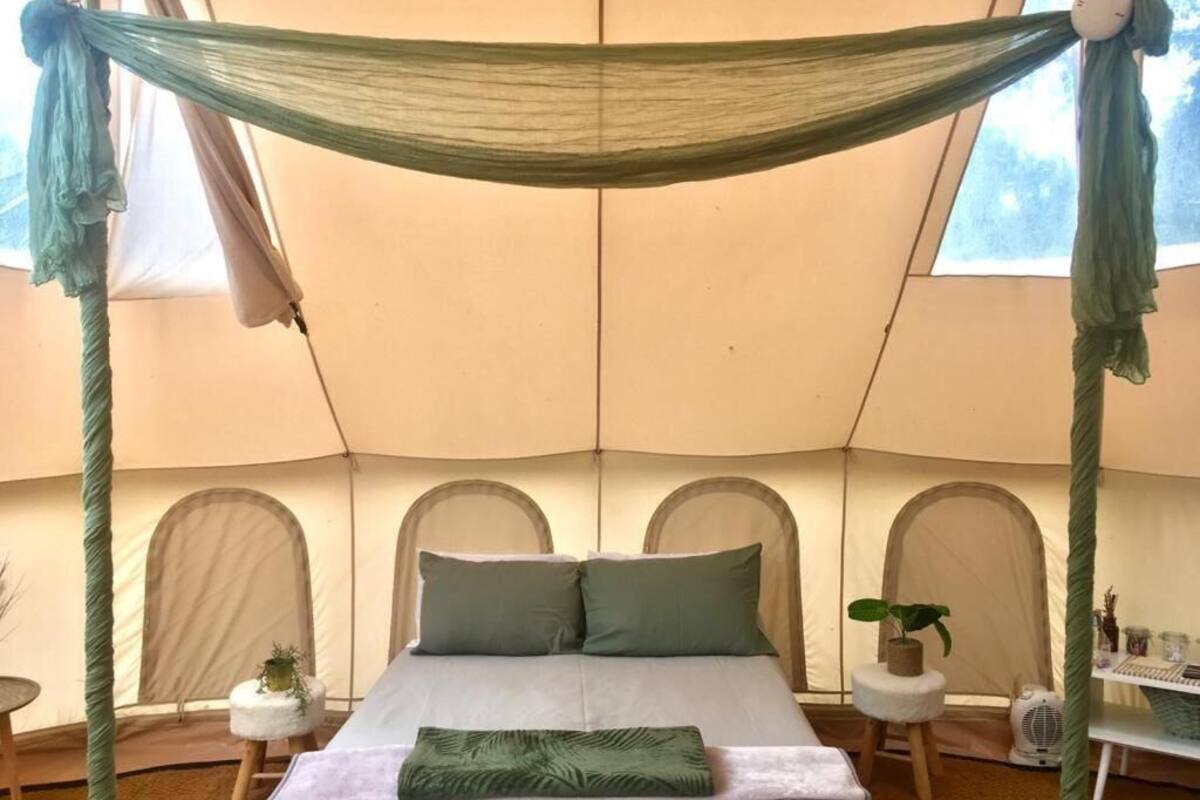 Ein Zelt mit Bett, einer Hängematte und einem kleinen Tisch mit Pflanze.