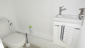 A bathroom with a toilet, sink, and hand dryer. - Dijon : Superbe Appartement Hyper Centre en Duplex (Dijon)