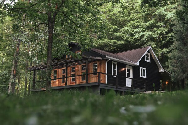 A cabin in a forest with a wooden exterior and a sloped roof. - Quaint cottage in the woods with swim spa (Frazeysburg)