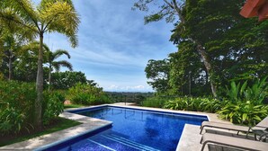 A rectangular swimming pool with a tiled edge, surrounded by lush greenery and palm trees. - Villa Romancing The Stone - Amazing Villa in Ojochal, Osa (Ojochal)
