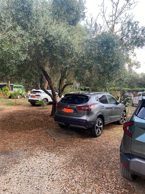 Un espace de stationnement avec plusieurs voitures, un arbre et un camion vert.