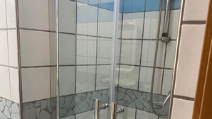 Area doccia con porta in vetro, pareti piastrellate e soffione.
