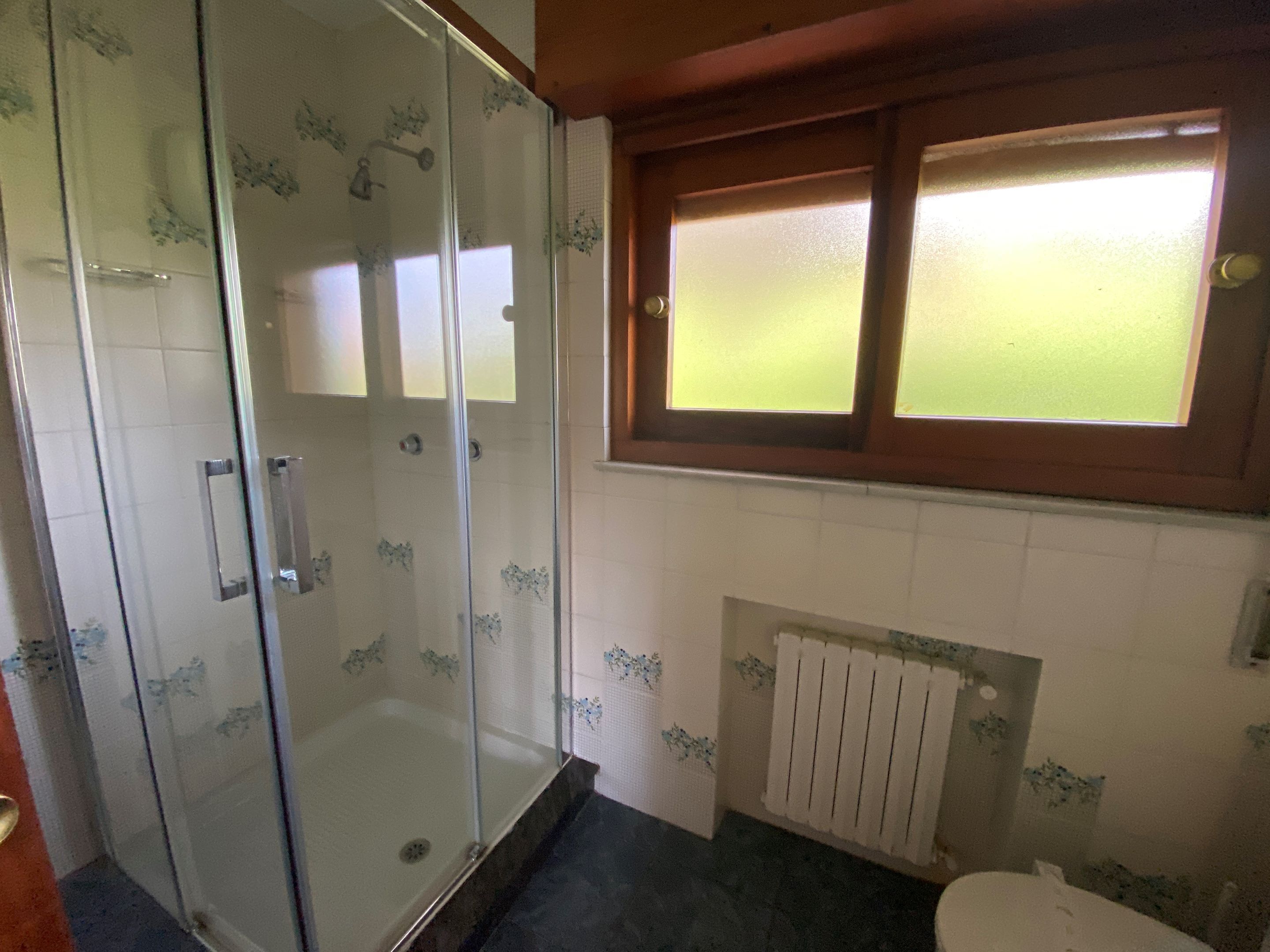 A bathroom with a glass shower enclosure, a toilet, and a window above the sink.
